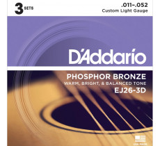 DAddario EJ26-3D Phosphor Bronze 11-52 Custom Light (3-pack)