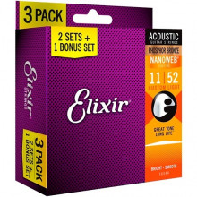 Elixir 16544 NANOWEB Phosphor Bronze 11-52 Custom Light Bonus pack (3 pack)