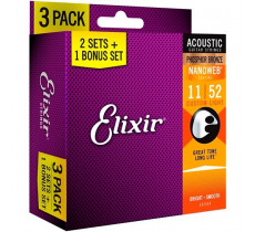 Elixir 16544 NANOWEB Phosphor Bronze 11-52 Custom Light Bonus pack (3 pack)